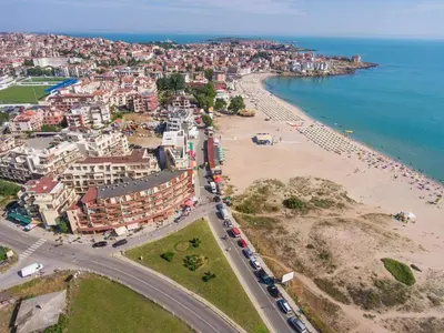 an aerial view of a city and a beach at Apartman Horizont II - side sea view in Sozopol