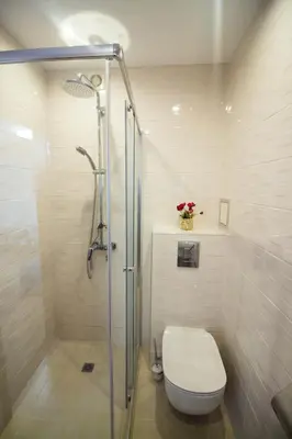 a bathroom with a shower with a toilet and a sink at Breeze Guest House in Chernomorets