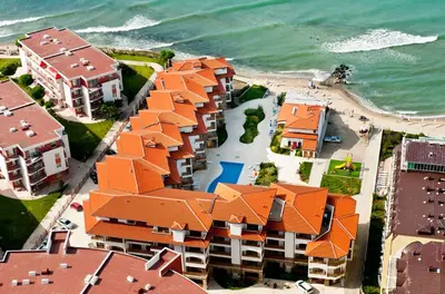 an aerial view of a resort near the ocean at Apartamens for rent at the beach bulgaria in Sveti Vlas