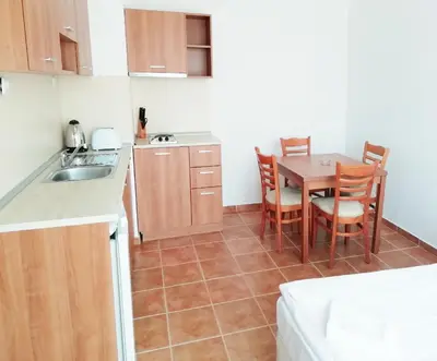 a kitchen with a table and chairs and a sink at Apart Hotel Kasandra in Sunny Beach
