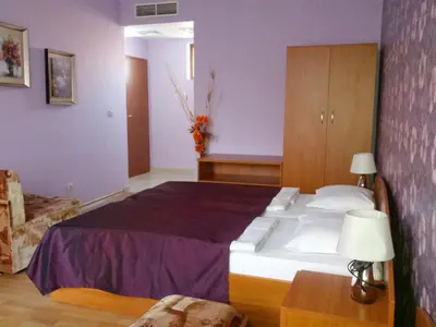 a bedroom with a large bed with purple walls at Guest rooms Sveti Nikola in Pomorie