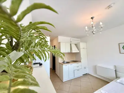 a kitchen with white cabinets and a plant at Menada Apartments in Cascadas in Sunny Beach
