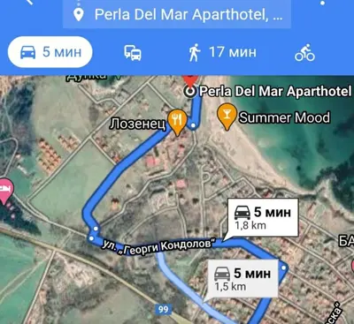 a map of a road with two orange markers at Perla Del Mar Aparthotel in Lozenets