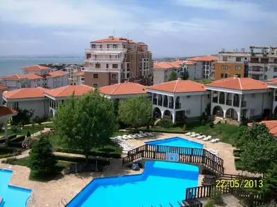 arial view of a large apartment complex with a swimming pool at Apartment in Kambani 1 Apartcomplex in Sveti Vlas