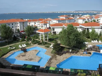 an aerial view of a resort with two swimming pools at Apartment in Kambani 1 Apartcomplex in Sveti Vlas