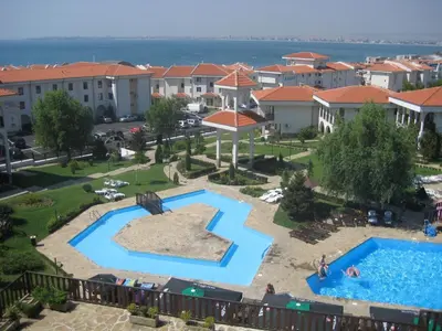 an aerial view of a swimming pool at a resort at Apartment in Kambani 1 Apartcomplex in Sveti Vlas