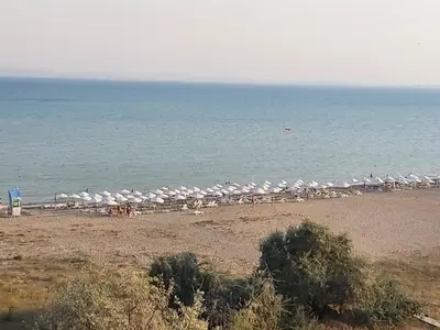 a beach with a bunch of umbrellas and the ocean at Clara Sea View in Burgas City