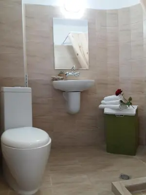 a bathroom with a toilet and a sink at Alba Family Club Hotel in Primorsko