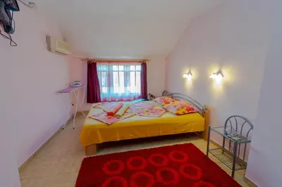 a small bedroom with a bed and a red rug at Fener Guest House in Pomorie