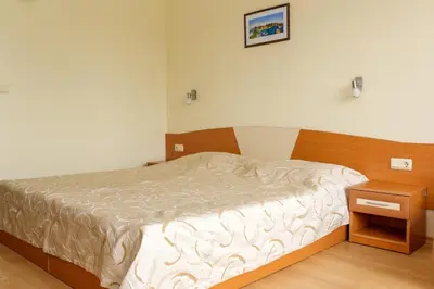 a bedroom with a bed with a wooden head board at Hostel Malibu in Sunny Beach