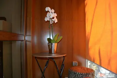 a small table with a vase of flowers on it at Unbeatable Location - New Lux Apartment Varna beach by Flat Mаnager in Varna City