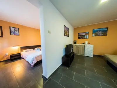 a bedroom with a bed and a tv in it at Alexander in Shkorpilovtsi