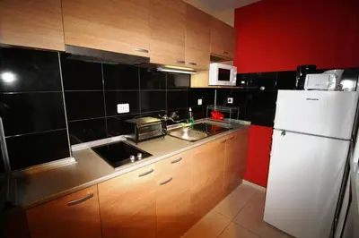a kitchen with wooden cabinets and a white refrigerator at Zoya Guest House in Ravda