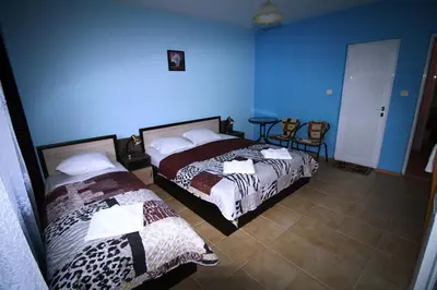 a bedroom with two beds and a blue wall at Zoya Guest House in Ravda