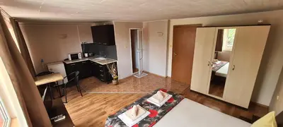 a room with a kitchen and a living room at Sineva Guest House in Ravda