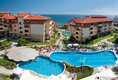 an aerial view of a resort with a swimming pool at Garden of Eden PMG Apartments in Sveti Vlas