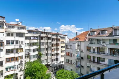 a group of tall buildings in a city at Joy Apartment Burgas center free parking in Burgas City