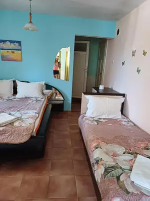 two beds in a room with a mirror at Ivanka Guest House in Obzor