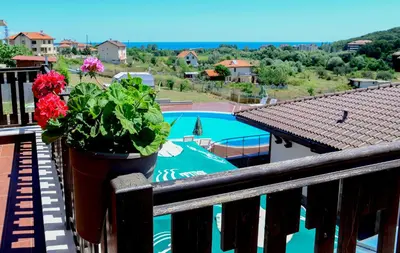 a balcony with a potted plant and a swimming pool at St George Apartcomplex in Shkorpilovtsi