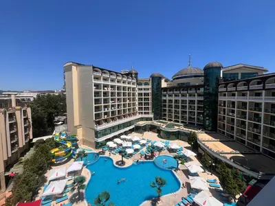 an aerial view of a resort with a swimming pool at Miramar Front Beach Self Catering Apartments No Swim Pool Access in Sunny Beach