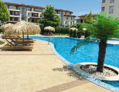 a swimming pool with a palm tree in a resort at Loli’s Beach Studio in Burgas City
