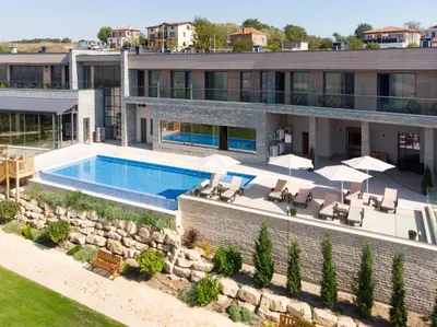 an aerial view of a building with a swimming pool at Eco complex Zdravets near Varna in Zdravets