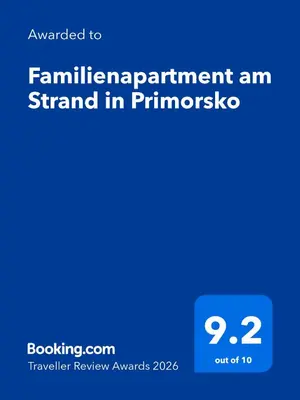 a screenshot of a cell phone with the text guaranteed to familiarization an stand in at Familienapartment am Strand in Primorsko in Primorsko
