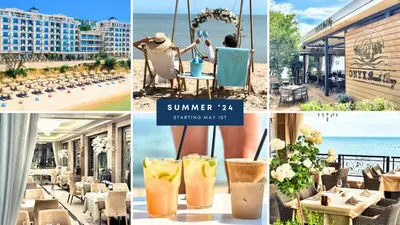 a collage of pictures of a hotel with a table and drinks at Onyx Beach Residence - Free Beach Access & Parking in Sveti Vlas