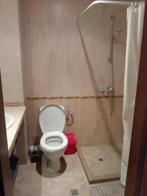 a bathroom with a toilet and a shower at Panorama Vigo Nesebar in Nesebar