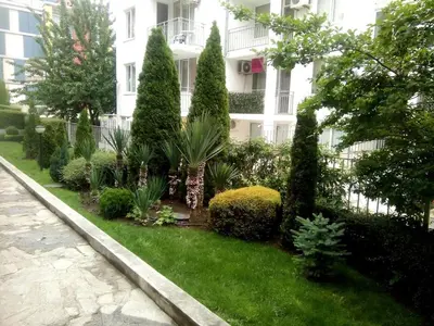 a garden in front of a building with trees and bushes at Studios in Complex Elit 4 in Sunny Beach