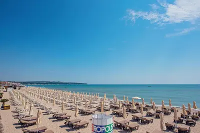 a row of chairs and umbrellas on a beach at Hotel Santa Maria in Obzor