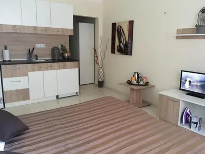 a room with a kitchen with a bed and a tv at Apart Hotel salt Lake in Pomorie