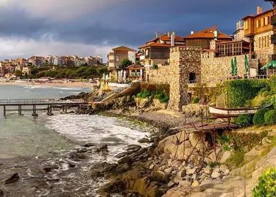 a view of a beach with a pier and buildings at Marina Sands Bijou Boutique is an excellent choice for travelers visiting Obzor in Obzor