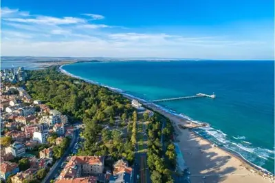 an aerial view of a beach and the ocean at Elite Apartments is located in the old town of Pomorie in Pomorie
