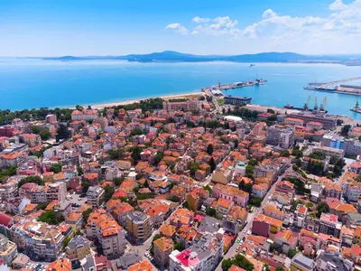 an aerial view of a city next to the water at Hotel Tm Deluxe located in Sunny Beach in Sunny Beach