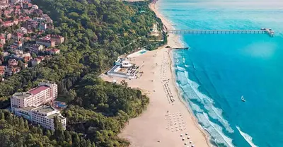 an aerial view of a beach and the ocean at Tia Maria is situated in the southern part of the Sunny Beach Resort in Sunny Beach