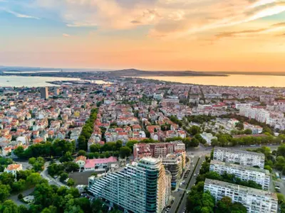 an aerial view of a city at sunset at Tia Maria is situated in the southern part of the Sunny Beach Resort in Sunny Beach