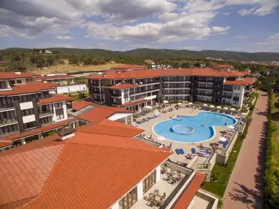 an overhead view of a resort with a swimming pool at Nevis Resort & Aqua Park - All Inclusive in Sunny Beach