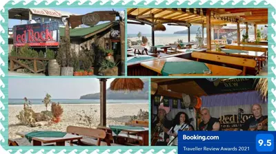 a collage of pictures of a beach with a restaurant at RELAX Apartment in Varna South Bay Residence in Varna City
