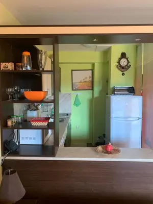 a kitchen with green walls and a white refrigerator at Аппартамент в Триумфе Святой Влас 300м от моря, бассейн. in Sveti Vlas