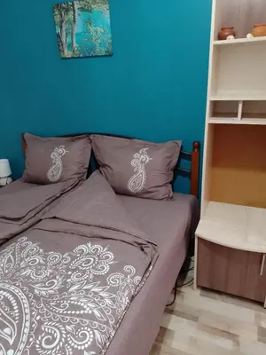 a bedroom with a bed and a blue wall at Top Center Apartment and Rooms Varna in Varna City