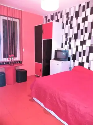 a red bedroom with a bed and a tv at APARTMENT LEO 2 in Varna City