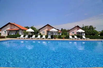a large blue swimming pool with chairs and umbrellas at BulgariaVilla - Sunny Hills Villas in Bryastovets