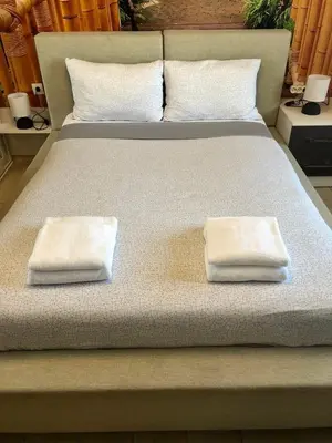 a bed with two pillows on top of it at Avelov Art Apartment in Burgas City