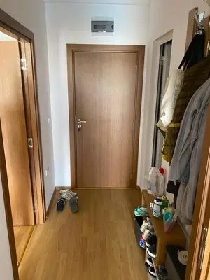 a hallway with a brown door and a wooden floor at Апартамент на солнечном берегу in Sunny Beach