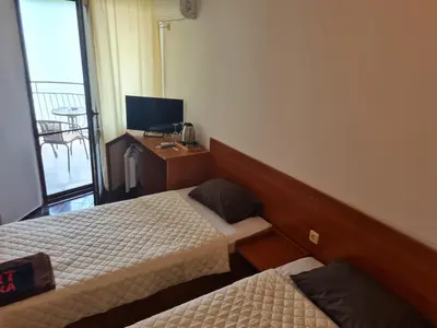 a room with two beds and a desk with a television at Алми Almi in Sveti Vlas