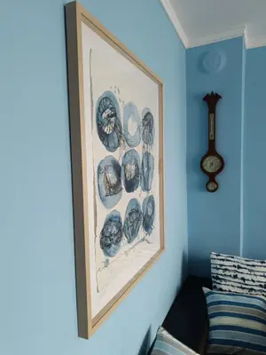 a framed picture of seashells on a wall at Guest House Soirée in Nesebar