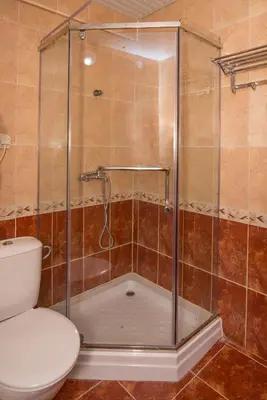 a shower stall with a toilet in a bathroom at Iris Beach Hotel in Sveti Vlas