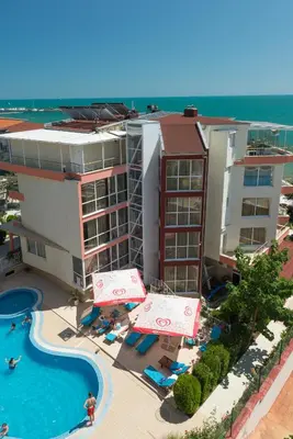 an aerial view of a hotel with a swimming pool at Iris Beach Hotel in Sveti Vlas