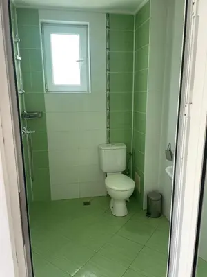a green bathroom with a toilet and a window at Safo Apartments and Rooms in Sozopol